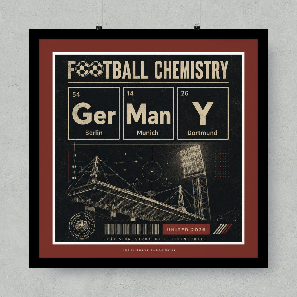 Football Chemistry design with German cities, stadium, and periodic table elements.