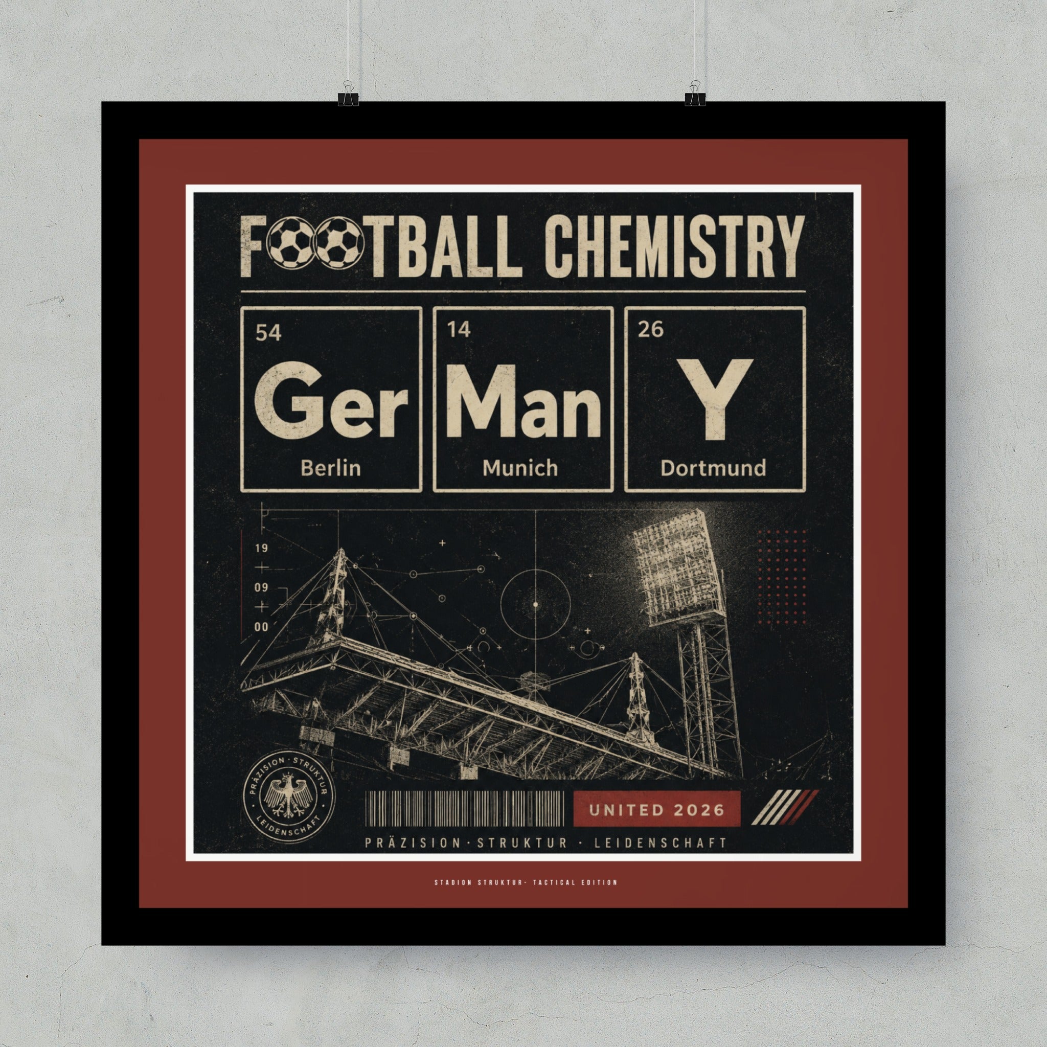 Football Chemistry design with German cities, stadium, and periodic table elements.