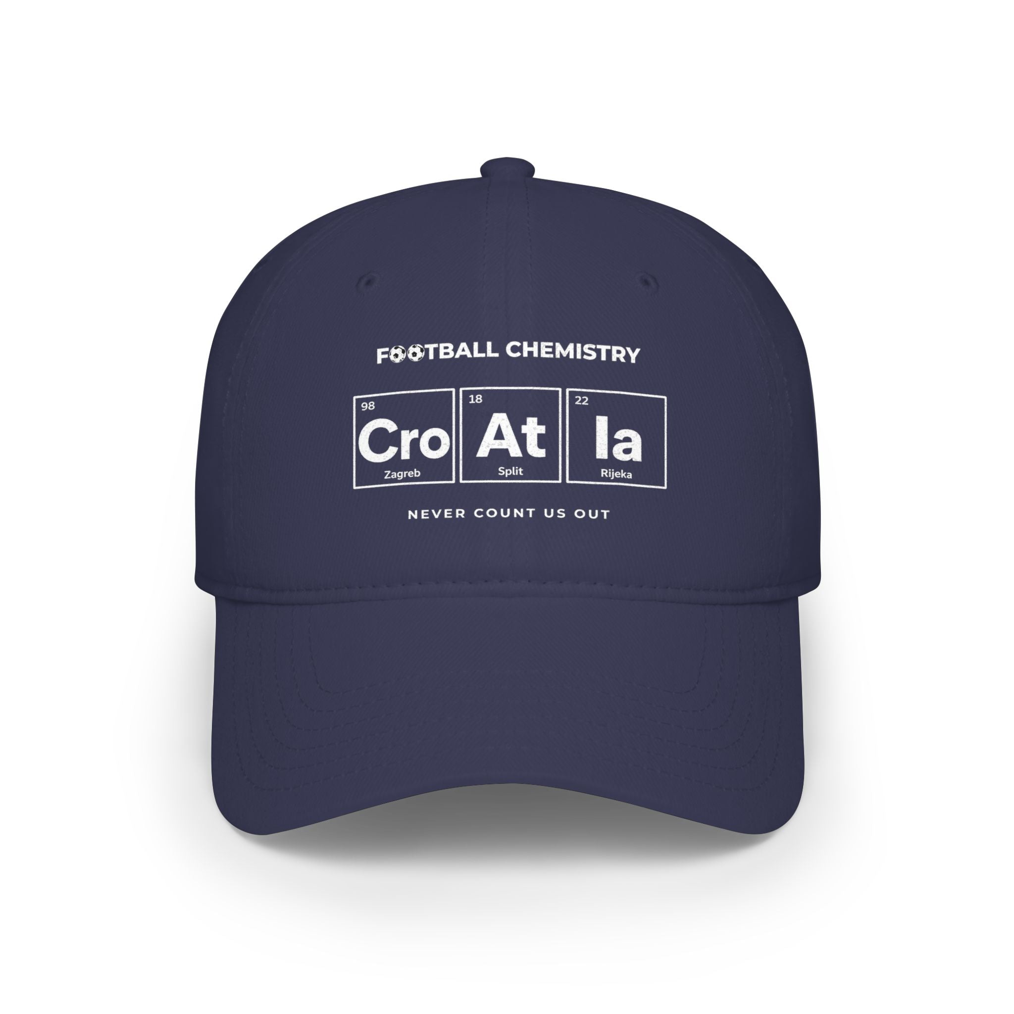Navy baseball cap with "Football Chemistry Cro At la" design.