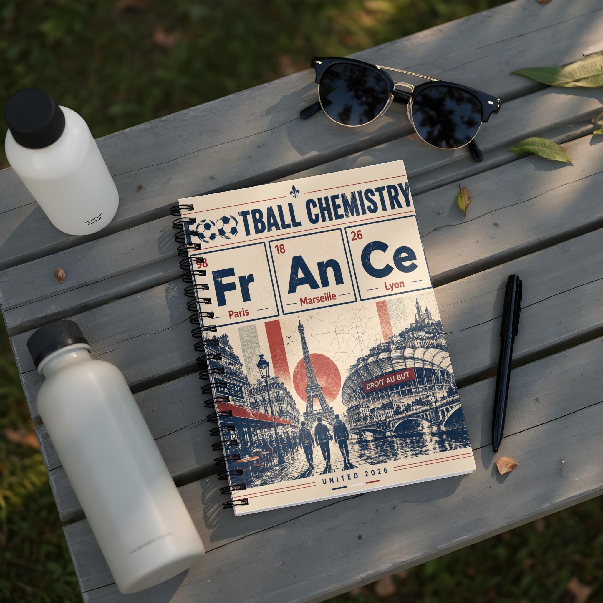 Football Chemistry notebook with Paris, Marseille, and Lyon city scenes and 2026 World Cup reference.