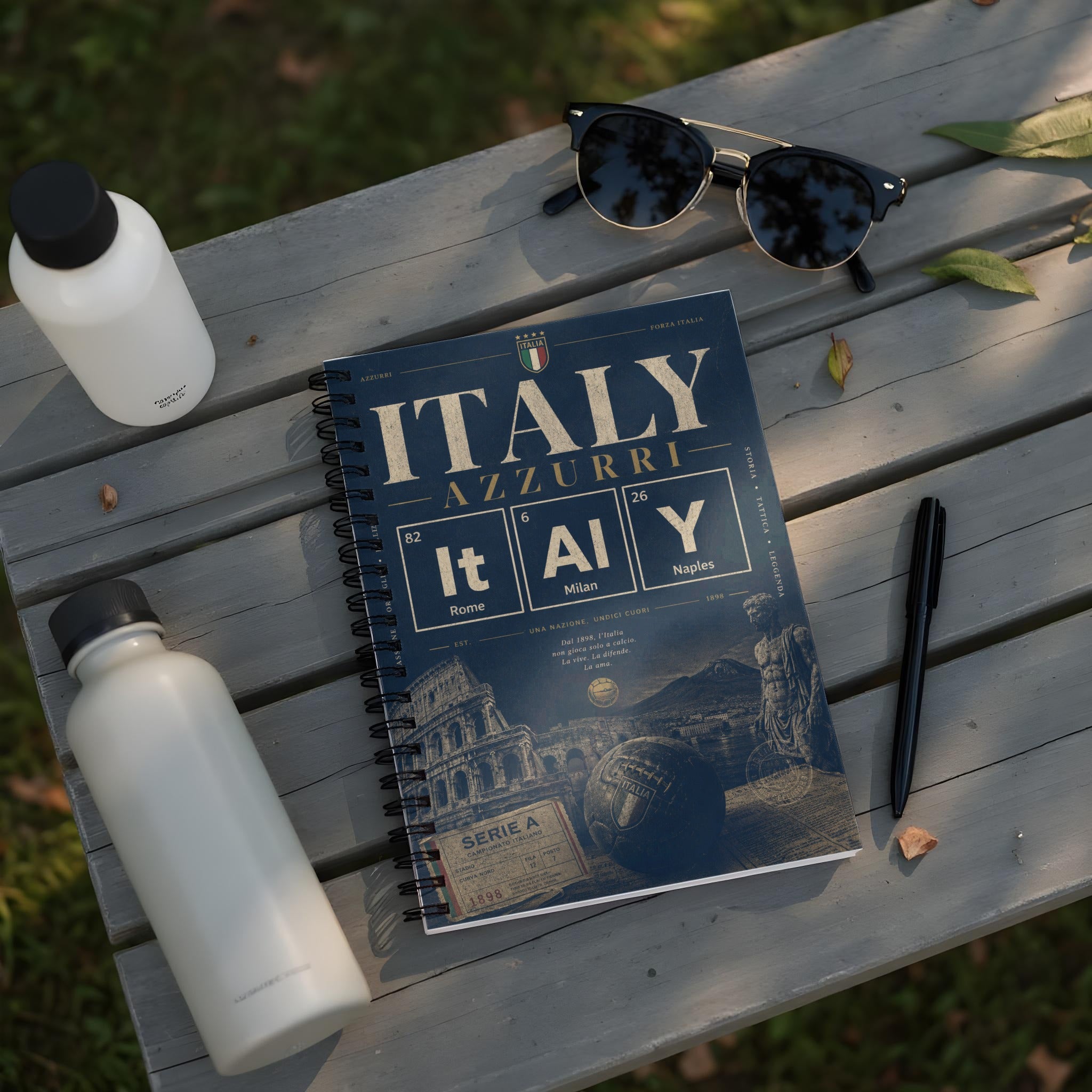 Spiral notebook with "Italia Azzurri" and Roman Colosseum design.