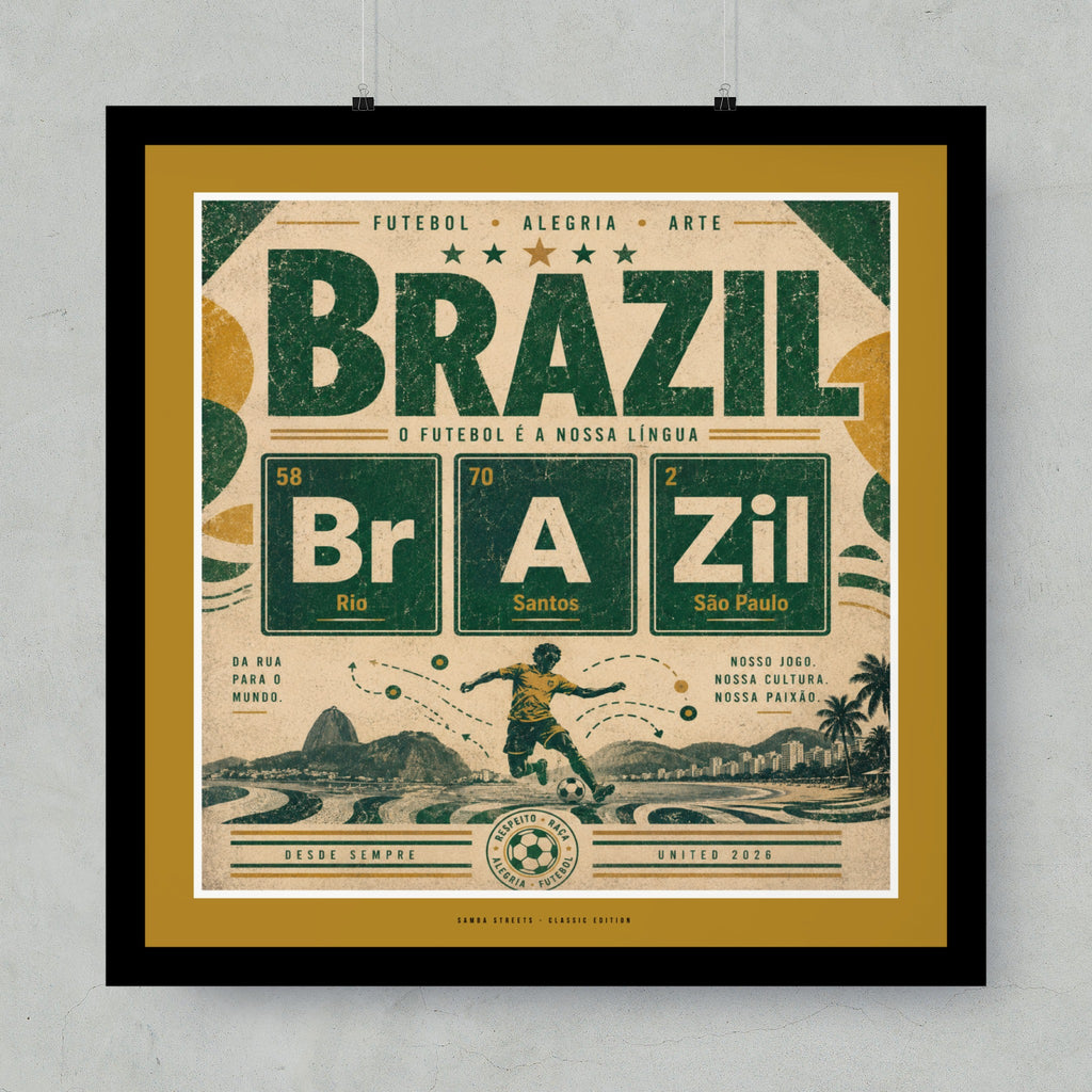 Brazil themed artwork with "Futebol Alegria Arte" and city names.