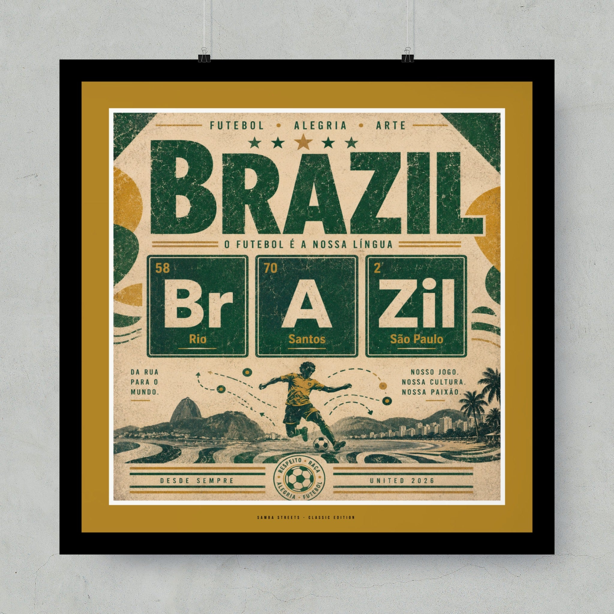 Brazil themed artwork with "Futebol Alegria Arte" and city names.