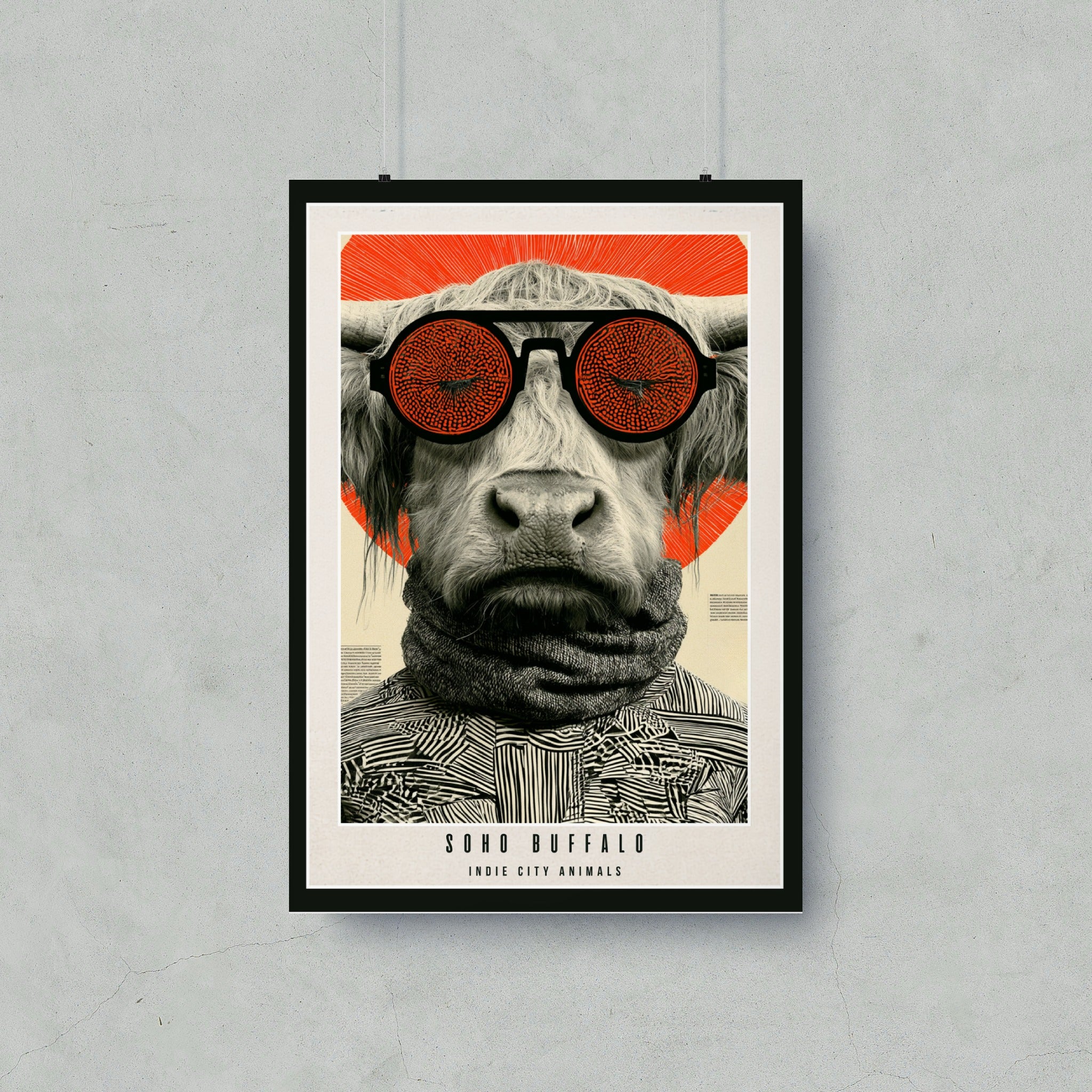 Poster with a cow wearing round, patterned glasses and a scarf.
