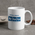 White mug with "Football Chemistry Ar Gen Tina" text and Argentinian cities.