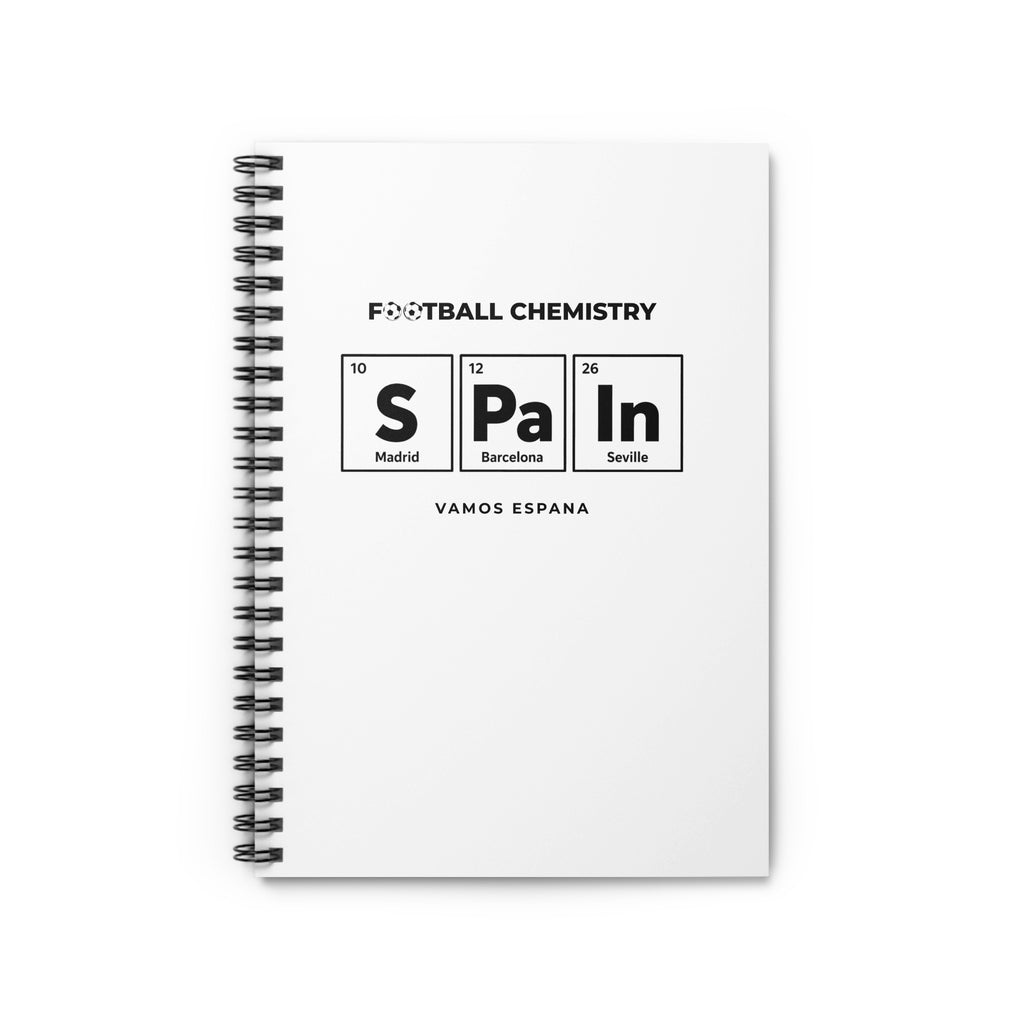 Notebook with "Football Chemistry" and periodic table elements for "Spain".