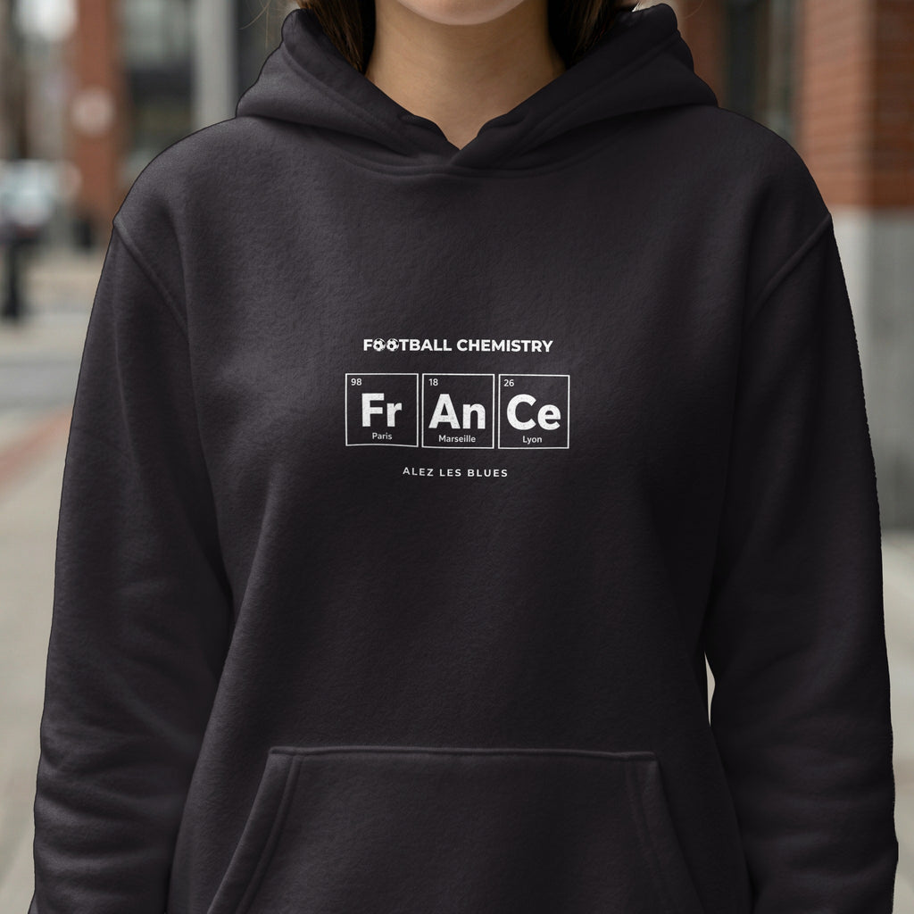Black hoodie with "FR An Ce" in periodic table squares and "FOOTBALL CHEMISTRY" text.