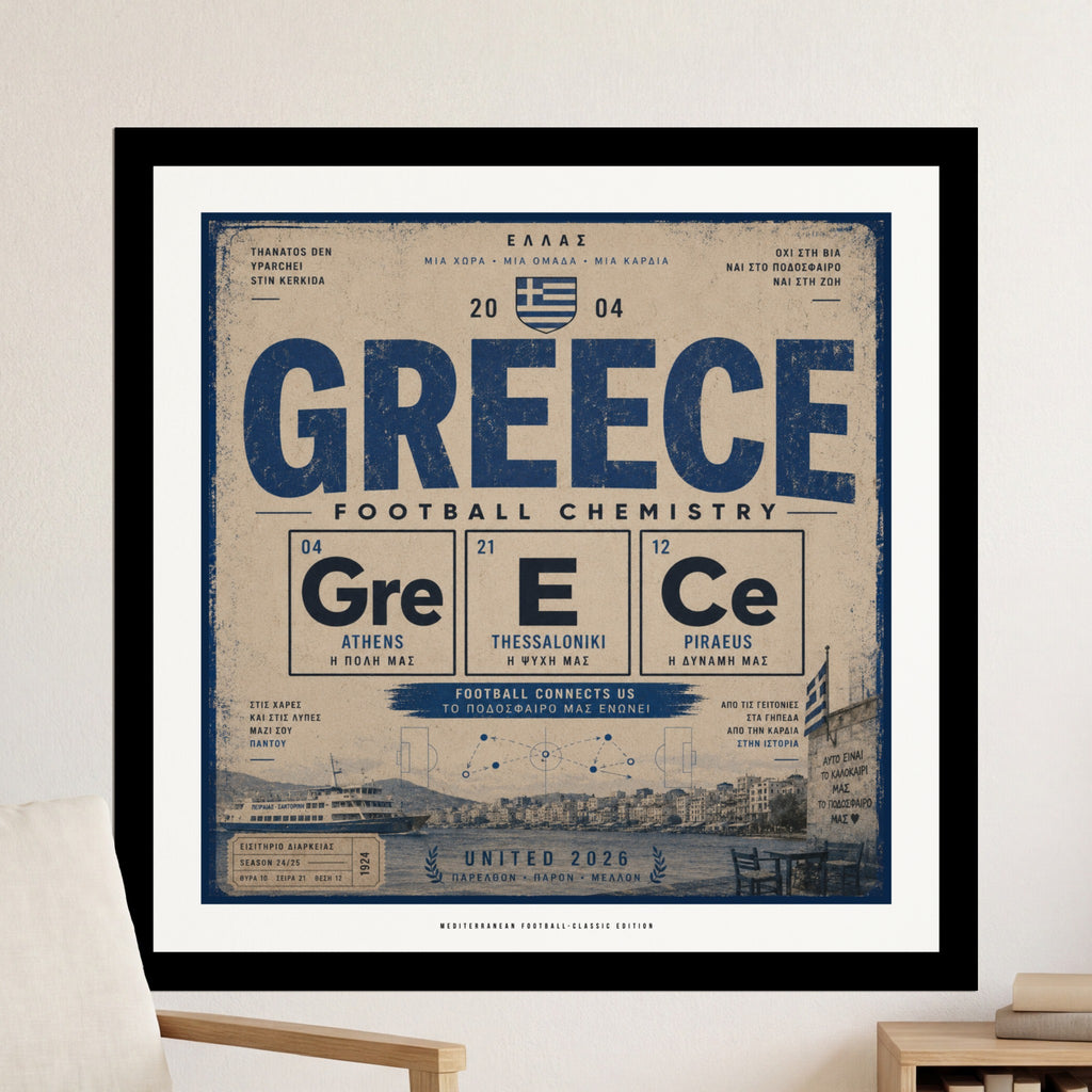 2004 Greece football chemistry poster with cities Athens, Thessaloniki, Piraeus.
