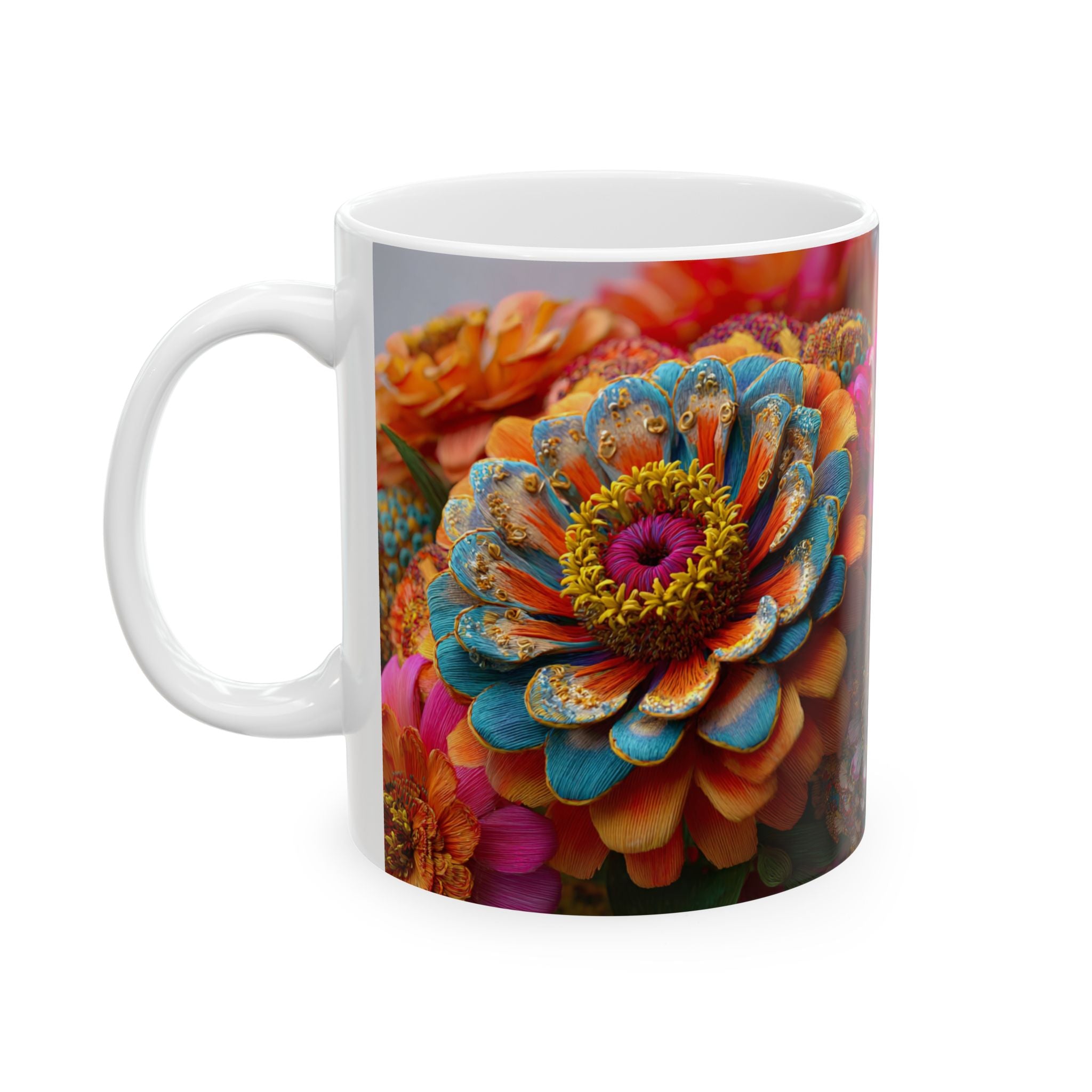 Zinnia Burst Mug - 3D Embroidery-Style Botanical Mug motivational design