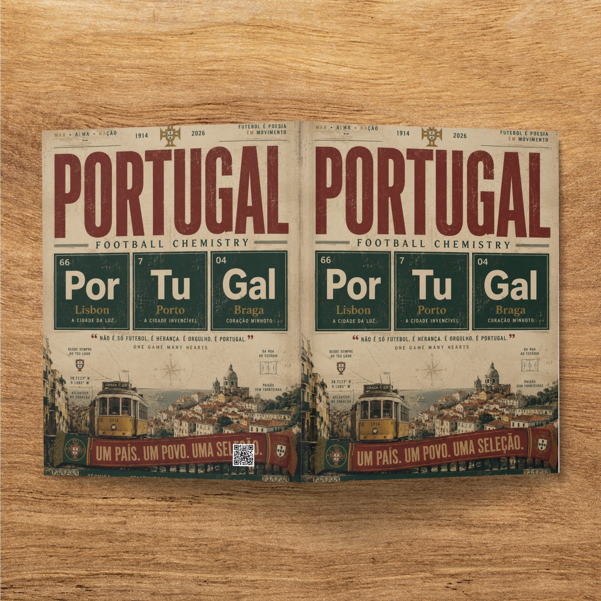 Portugal Football Chemistry design with city names and patriotic slogans.