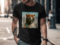 Man wearing black t-shirt with raccoon graphic and orange sunglasses.