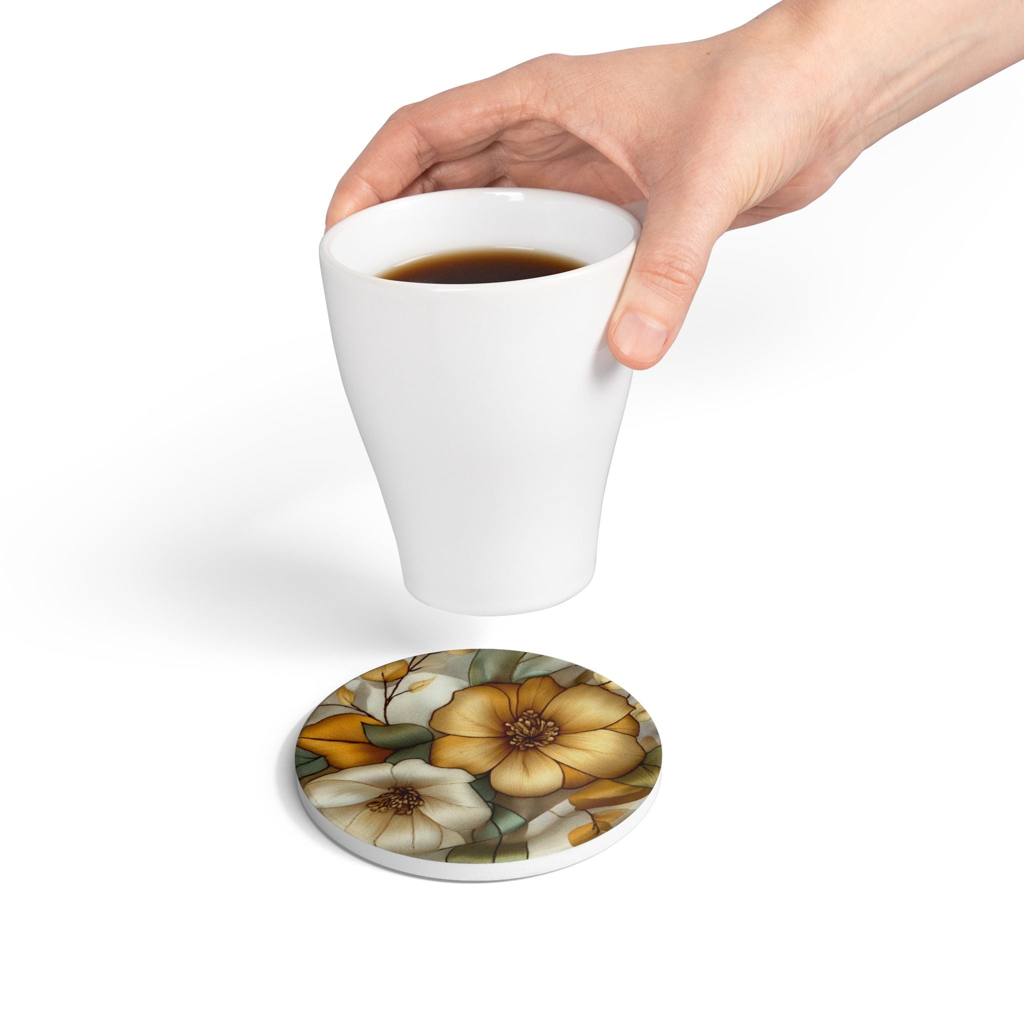 Golden Bloom Ceramic Coasters - 3D Embroidery-Style Botanical Coasters motivational design