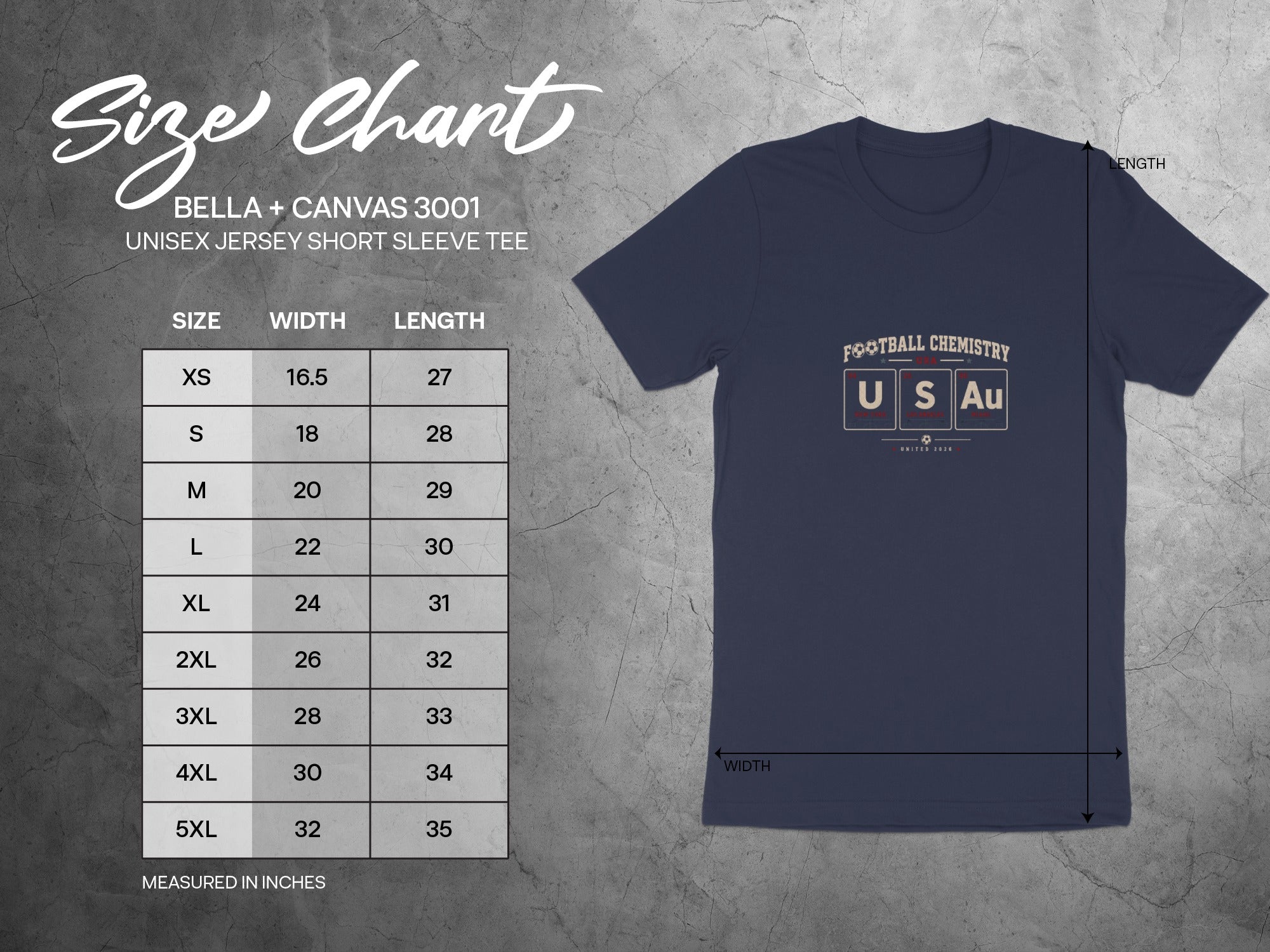Bella+Canvas 3001 unisex t-shirt size chart with measurements in inches.