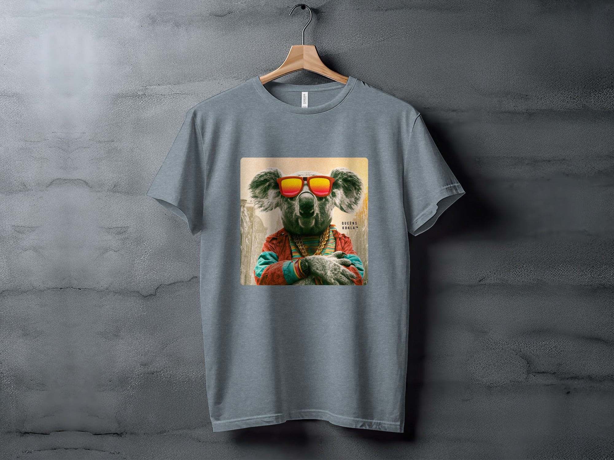 T-shirt featuring a cool koala wearing sunglasses and colorful jacket.