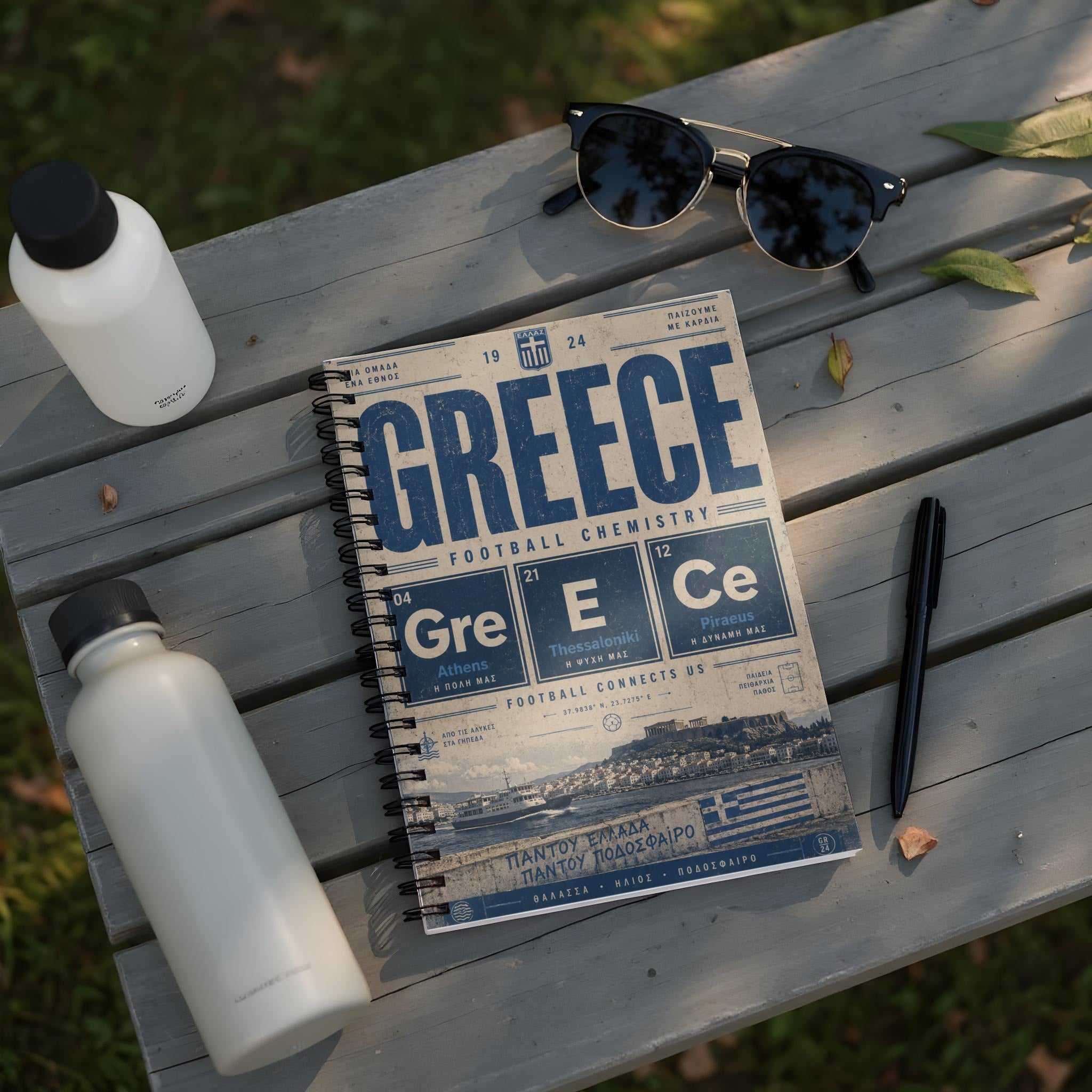 Notebook with "GREECE" and football-themed elements, listing cities and values.