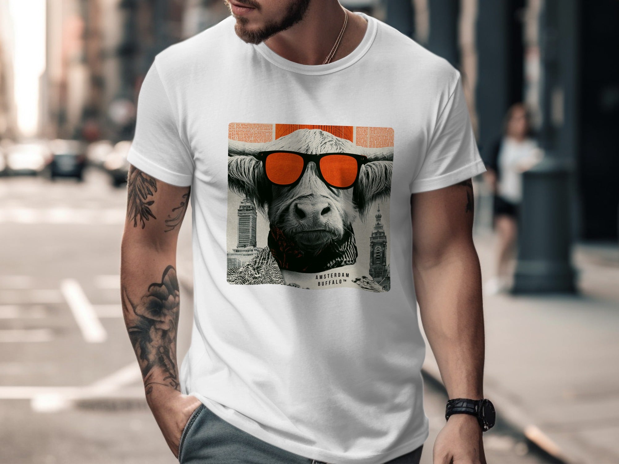 White t-shirt with sunglasses-wearing buffalo graphic and city background.