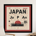 JAPAN football graphic with city names, periodic table elements, and text.