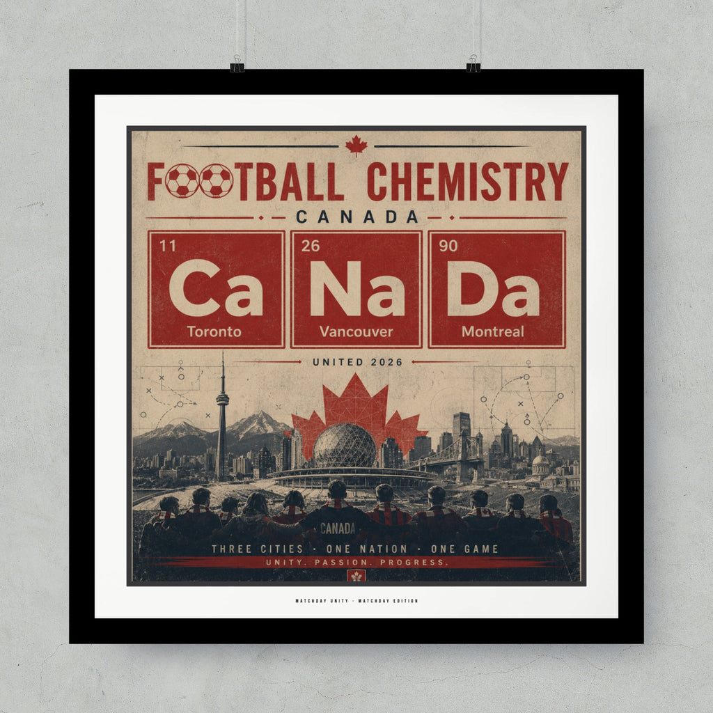 Football Chemistry poster featuring Canada's cities and soccer team.