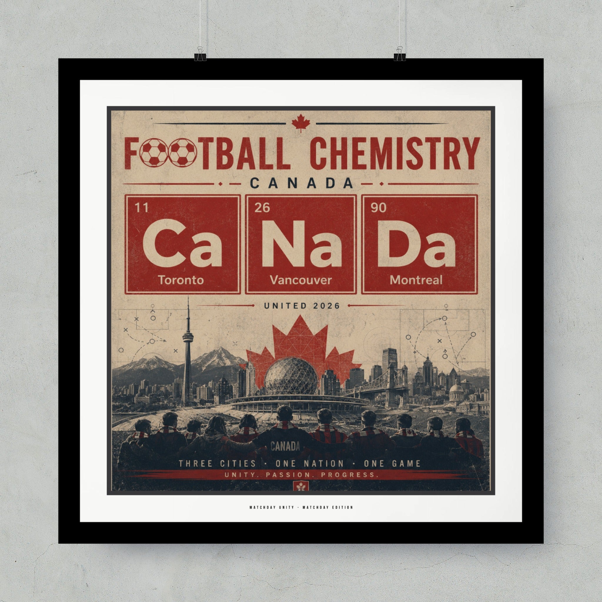 Football Chemistry poster featuring Canada's cities and soccer team.