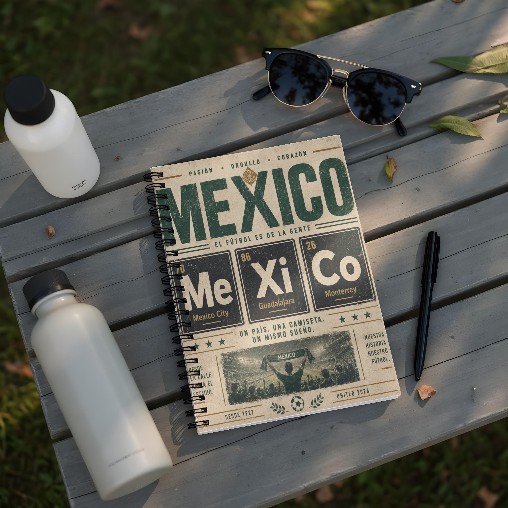 Notebook with "El Fútbol es de la Gente" and Mexican cities, symbolizing football.