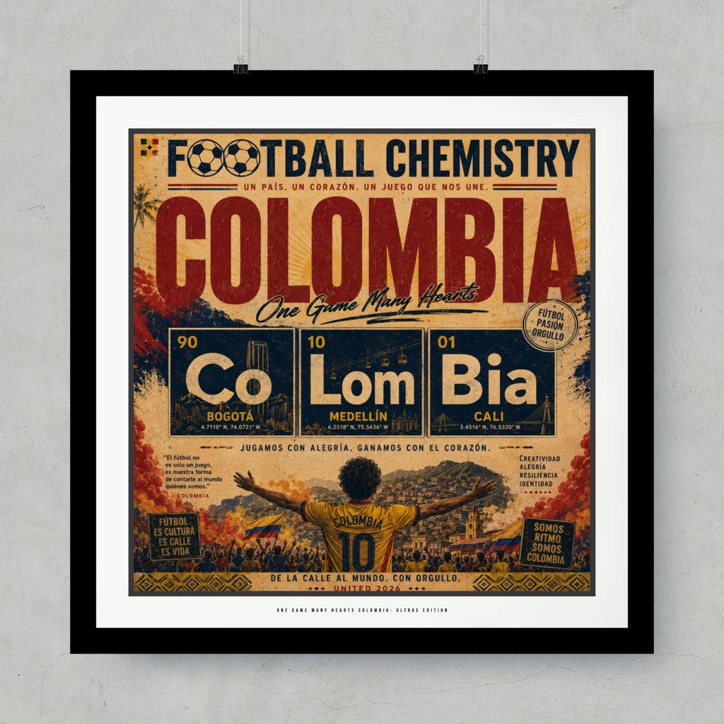 Colombia football poster with map and player celebrating.
