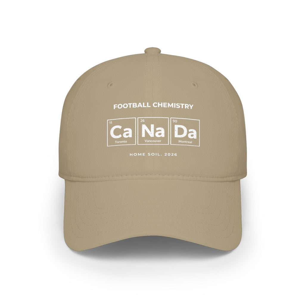 Tan baseball cap with "Football Chemistry Ca Na Da" printed on front.