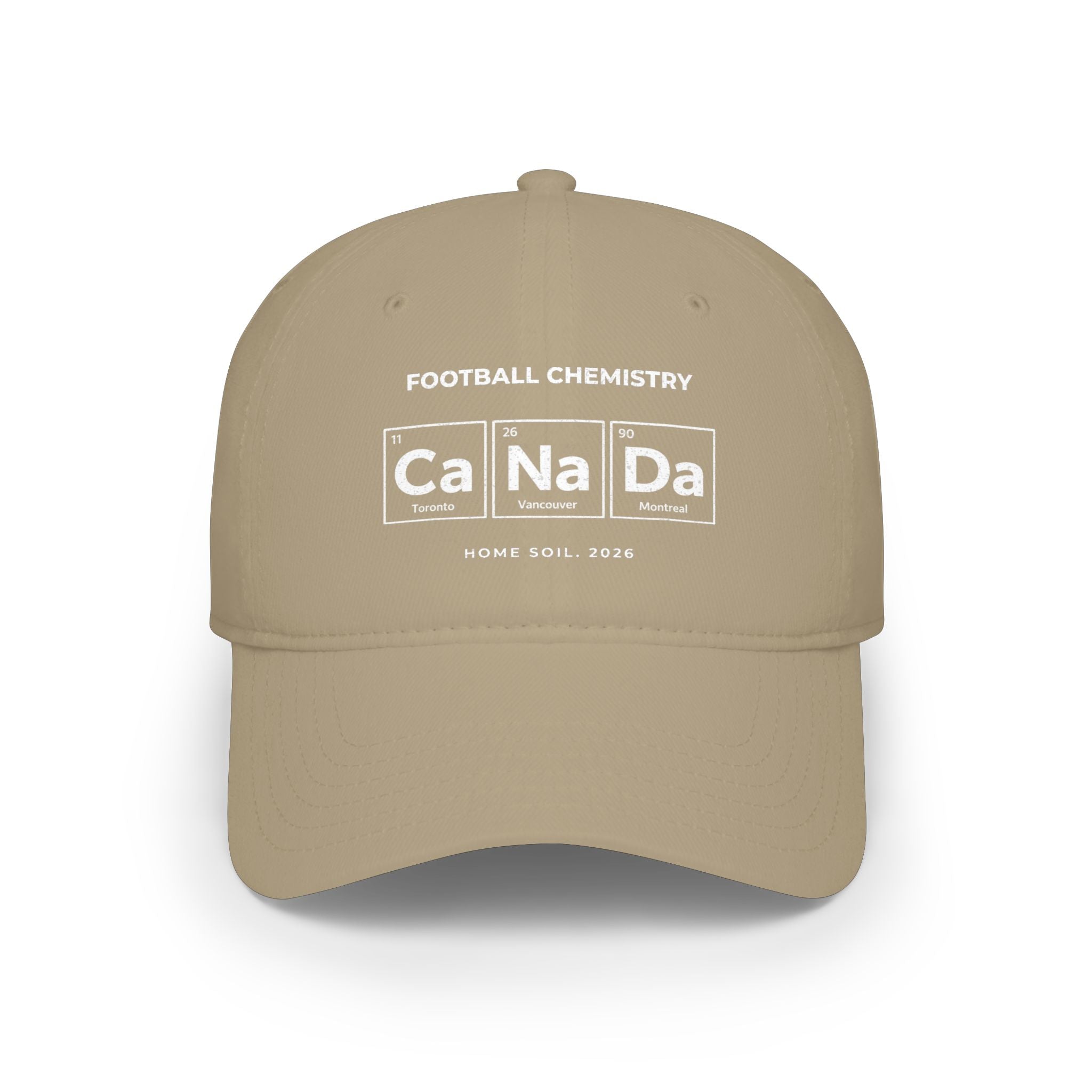 Tan baseball cap with "Football Chemistry Ca Na Da" printed on front.