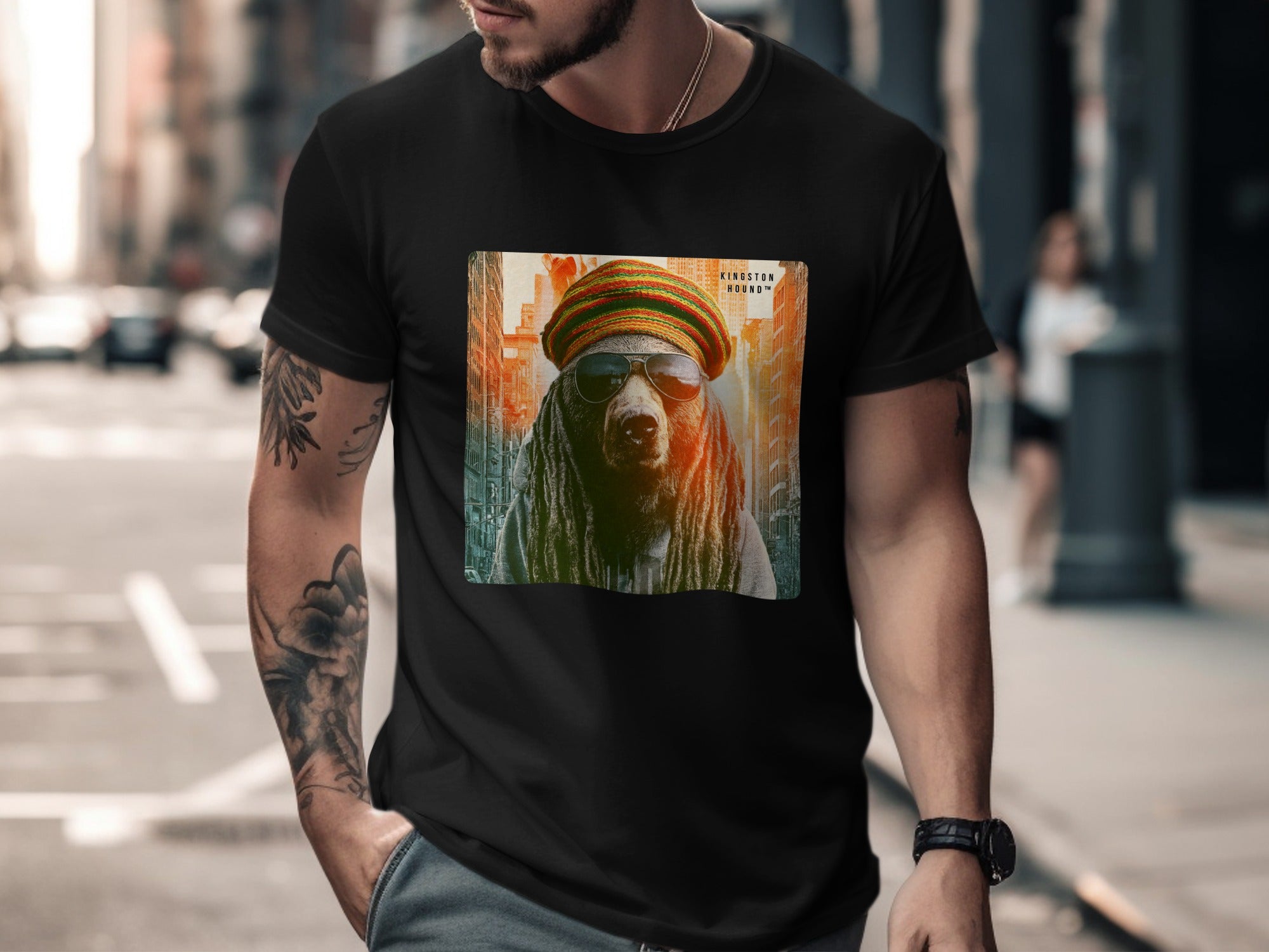 Bear wearing sunglasses and a beanie, printed on a black t-shirt.