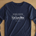 Navy t-shirt with "Football Chemistry" and a periodic table design for Colombia.