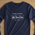 Navy t-shirt with "FOOTBALL CHEMISTRY Ar Gen TiNa" graphic and locations.