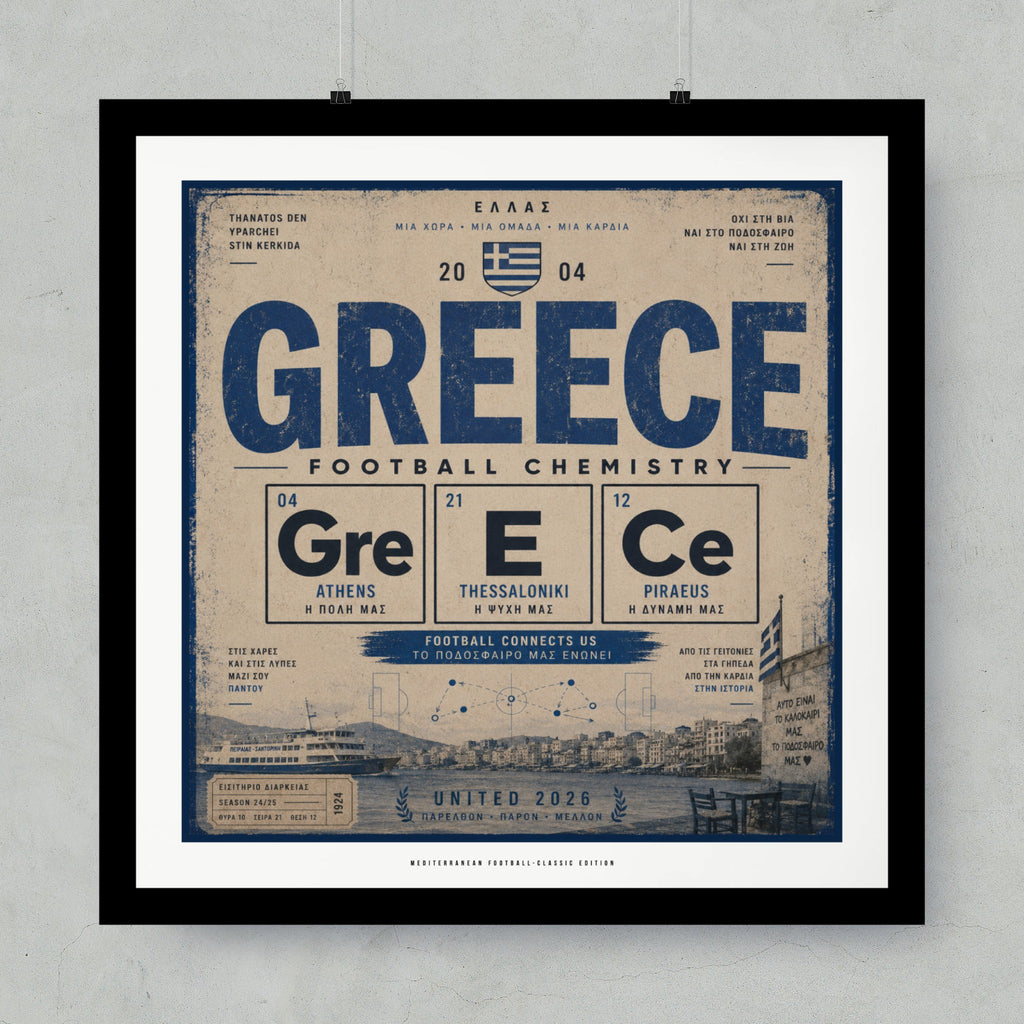 GREECE Football Chemistry poster with Greek text and city names.