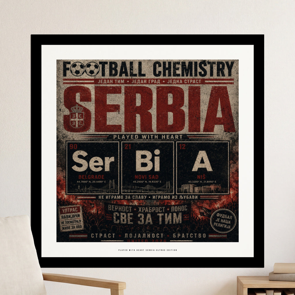 Football Chemistry Serbia text with cities, coordinates, and Serbian phrases.