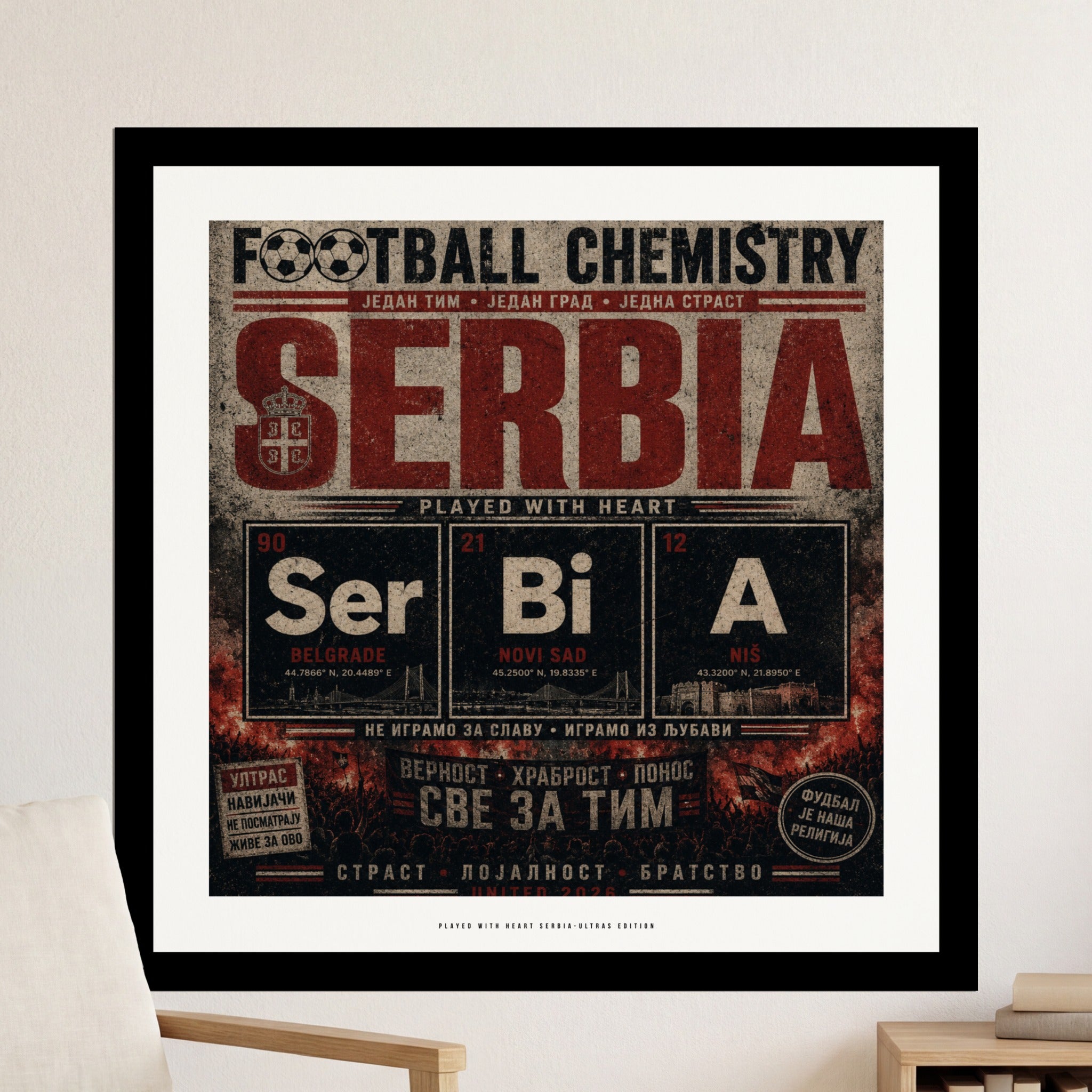 Football Chemistry Serbia text with cities, coordinates, and Serbian phrases.
