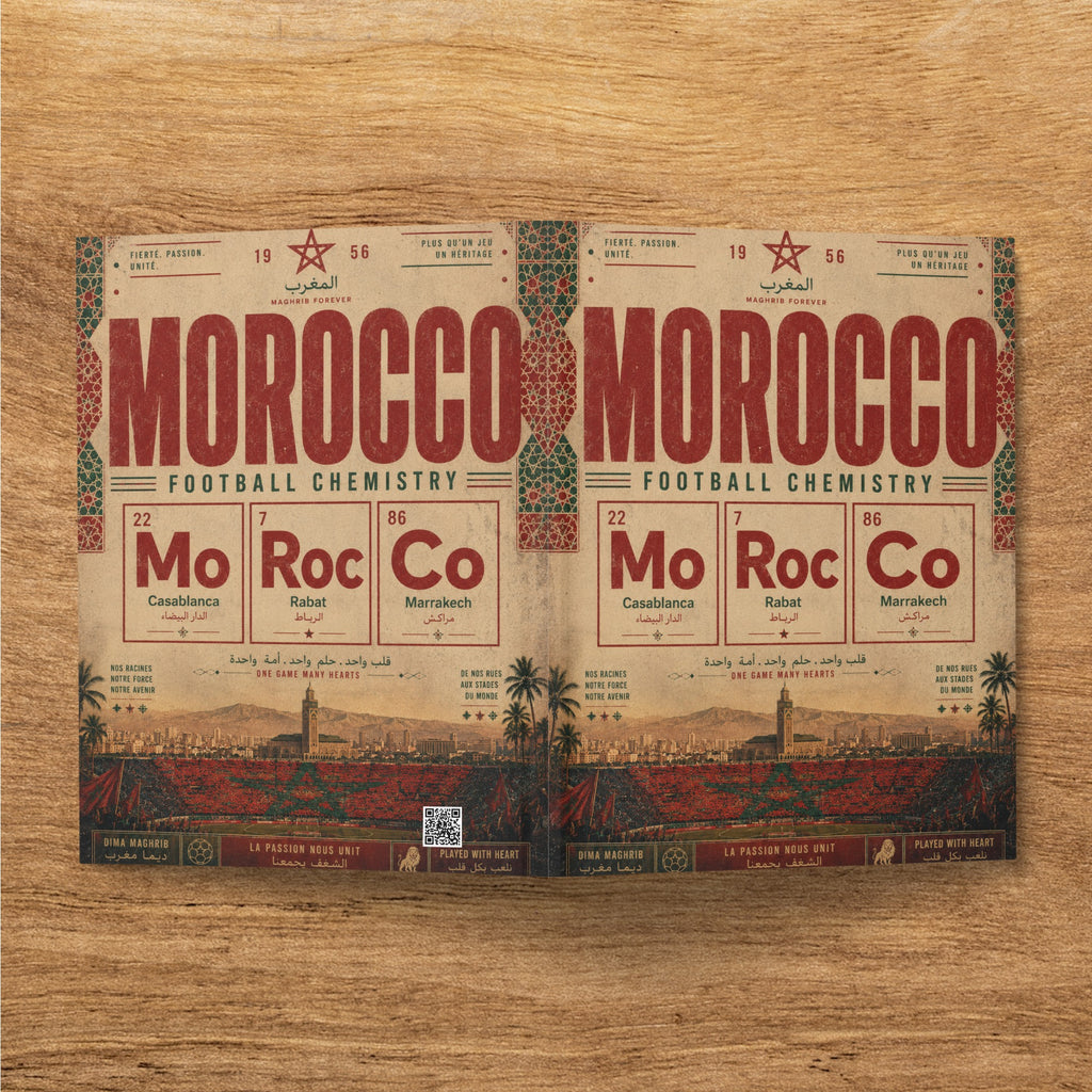 Morocco football chemistry poster with city names Casablanca, Rabat, Marrakech.