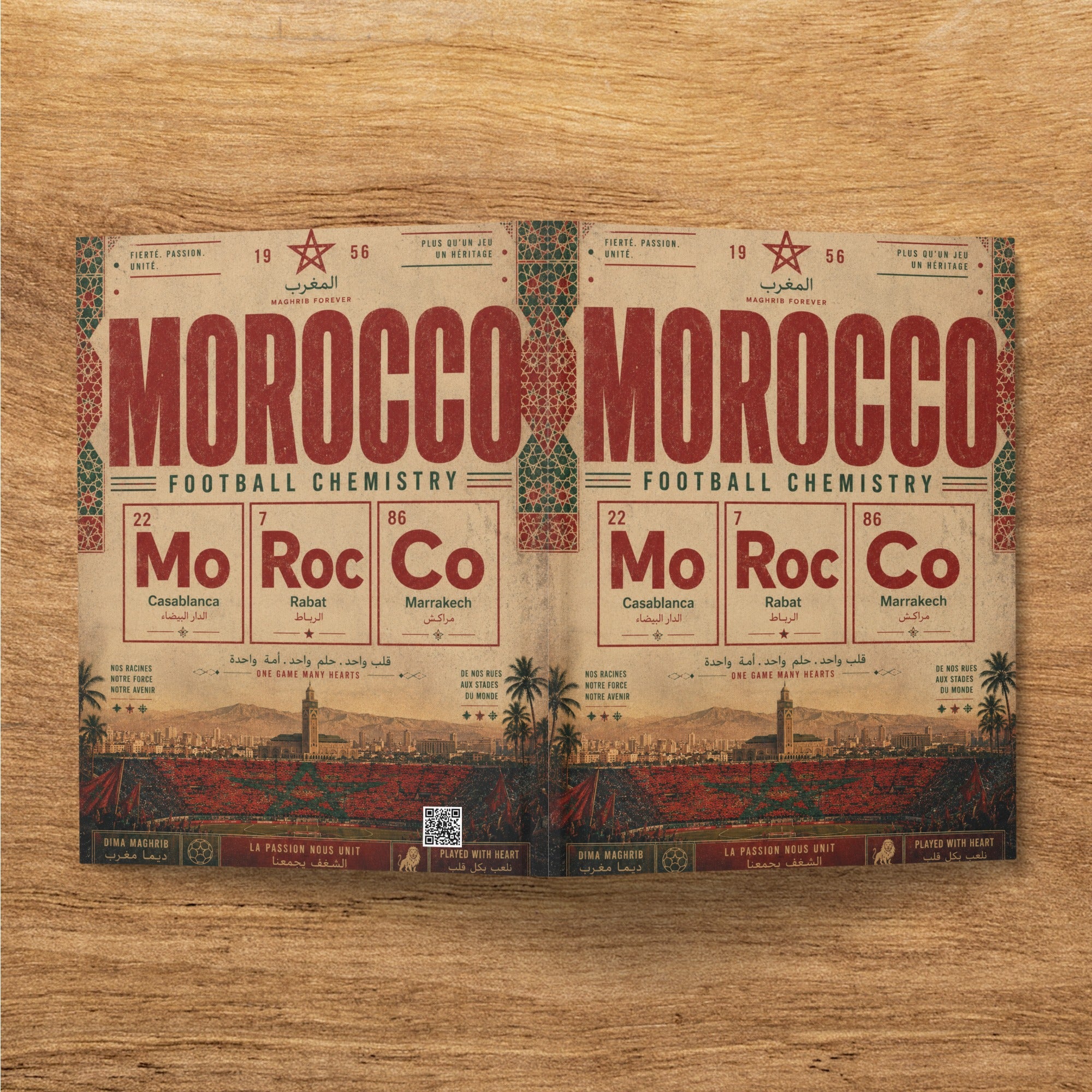 Morocco football chemistry poster with city names Casablanca, Rabat, Marrakech.