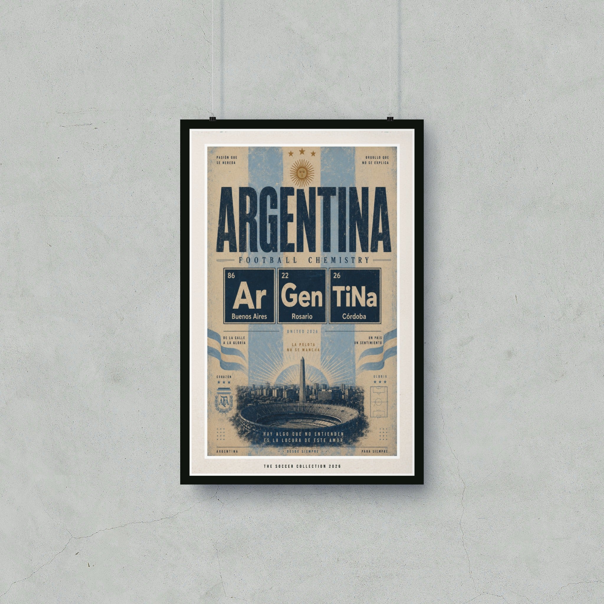 Argentina Football Chemistry poster with elemental symbols and Argentinian cities.