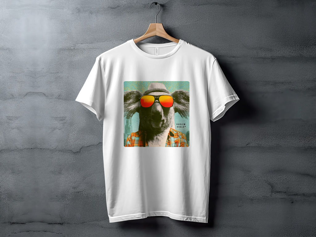 T-shirt featuring a koala wearing a hat and sunglasses.