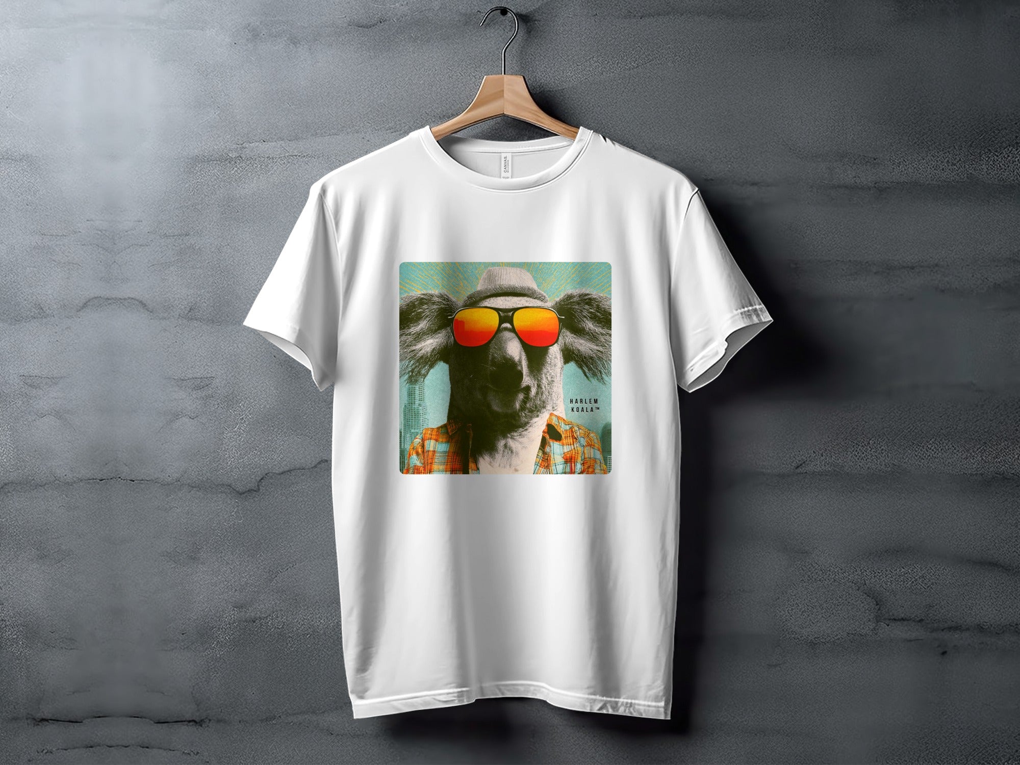 T-shirt featuring a koala wearing a hat and sunglasses.