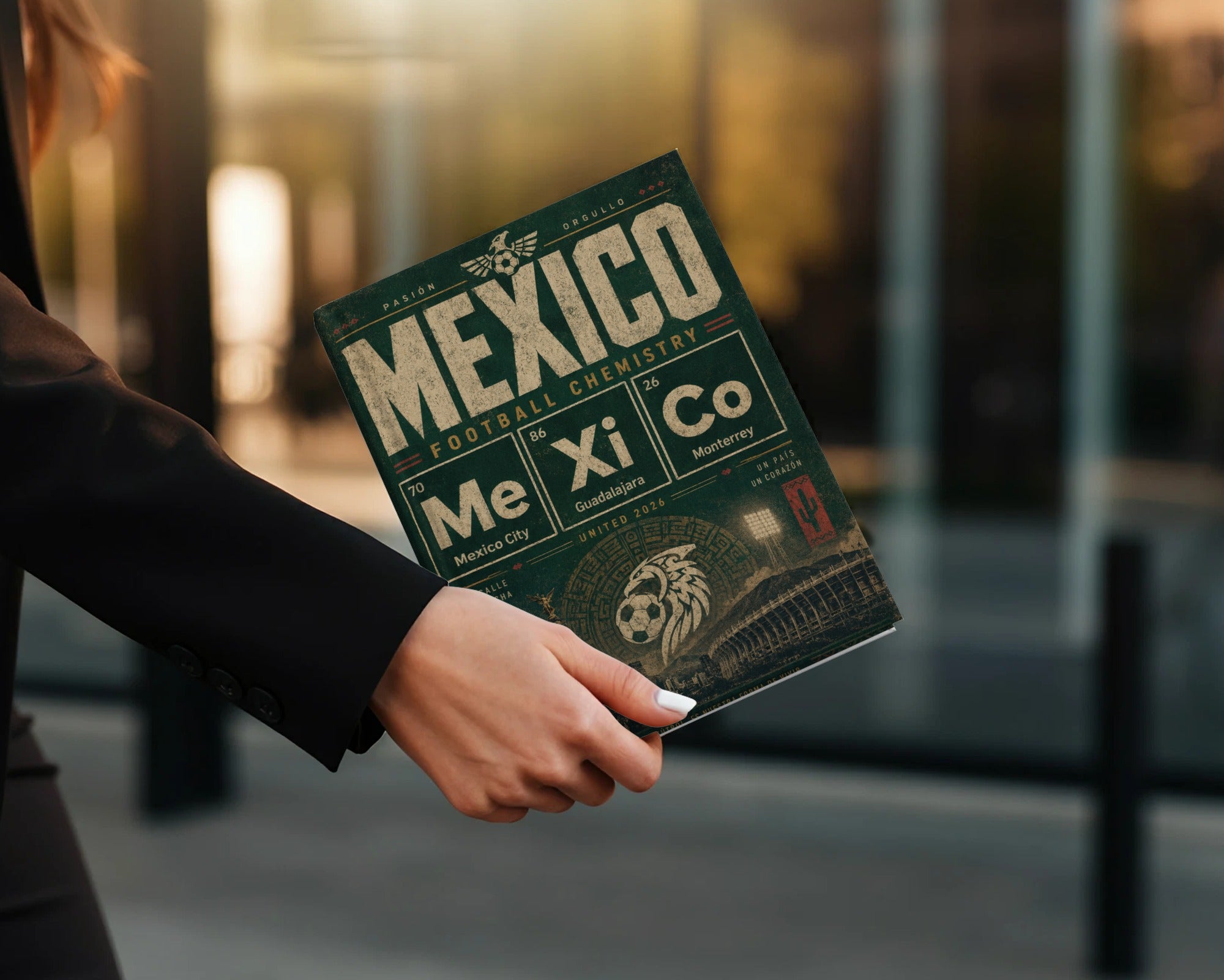 Mexico Football Chemistry book with cities and "United 2026".