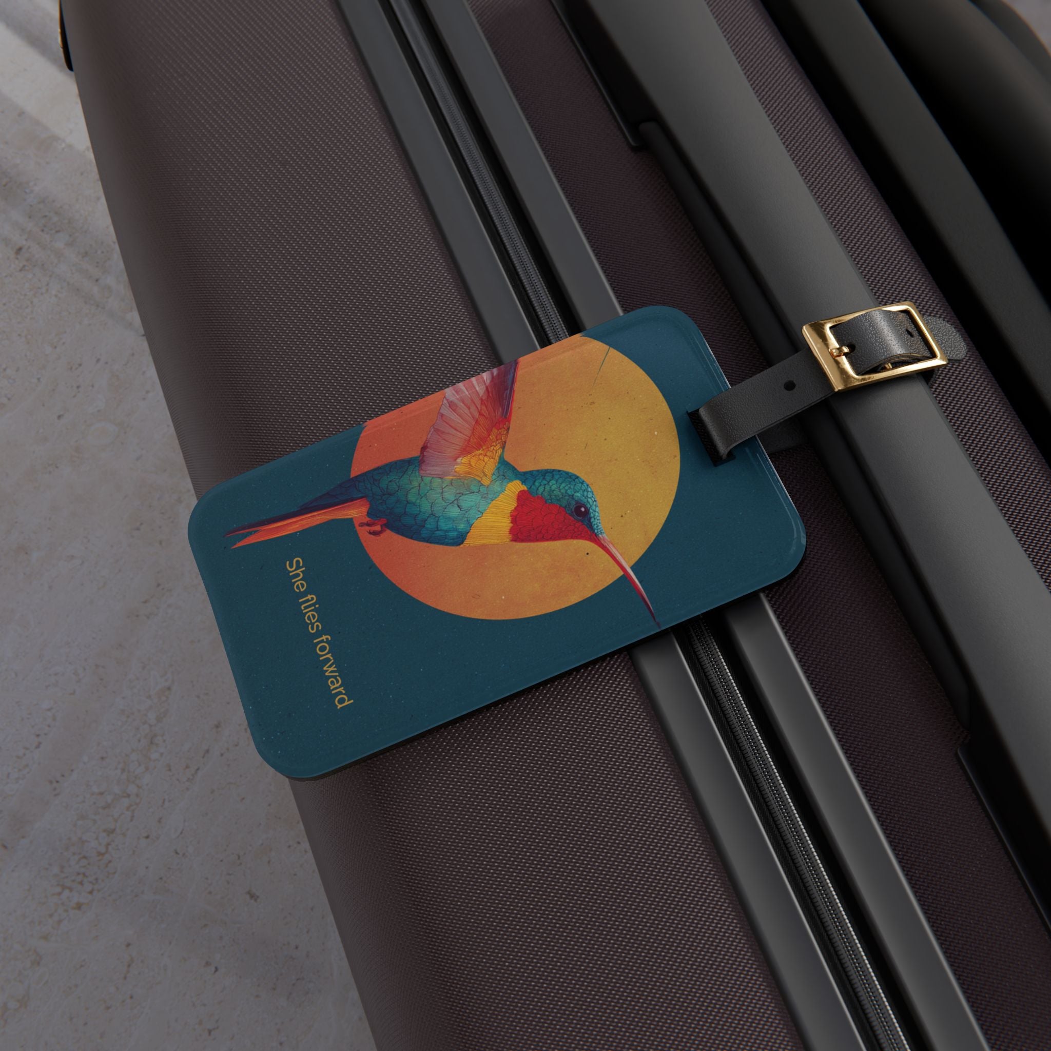 She Flies Forward Luggage Tag | Motivational Graphic Solar Flight