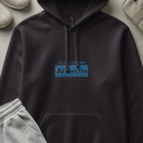 Dark gray hoodie with "FOOTBALL CHEMISTRY" and "Argen Tina" in periodic table style.
