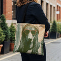 Tote bag with dog wearing sunglasses and turban, city skyline graphic, "ZION HOUND".