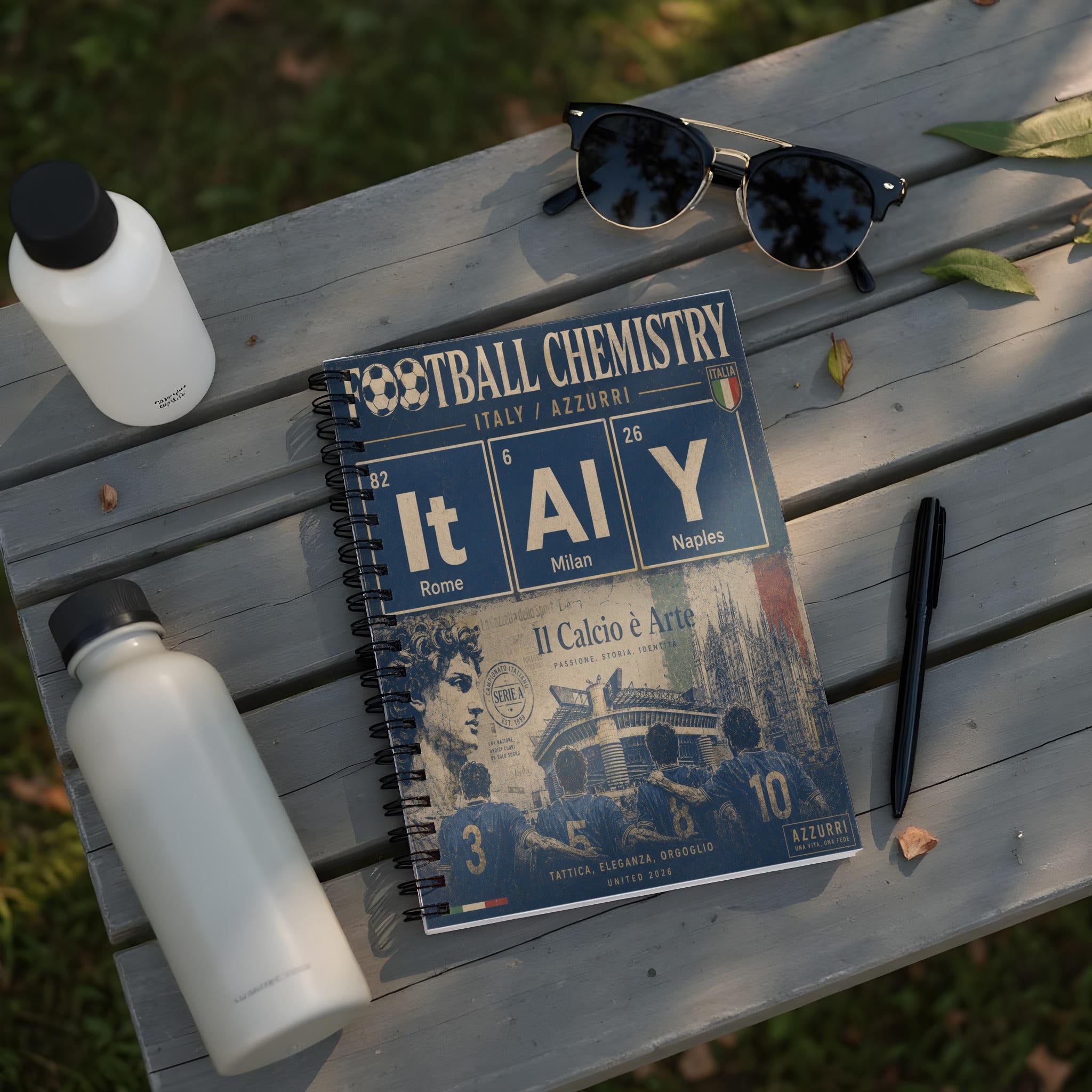 Football Chemistry Italy Azzurri notebook with Italian football art.