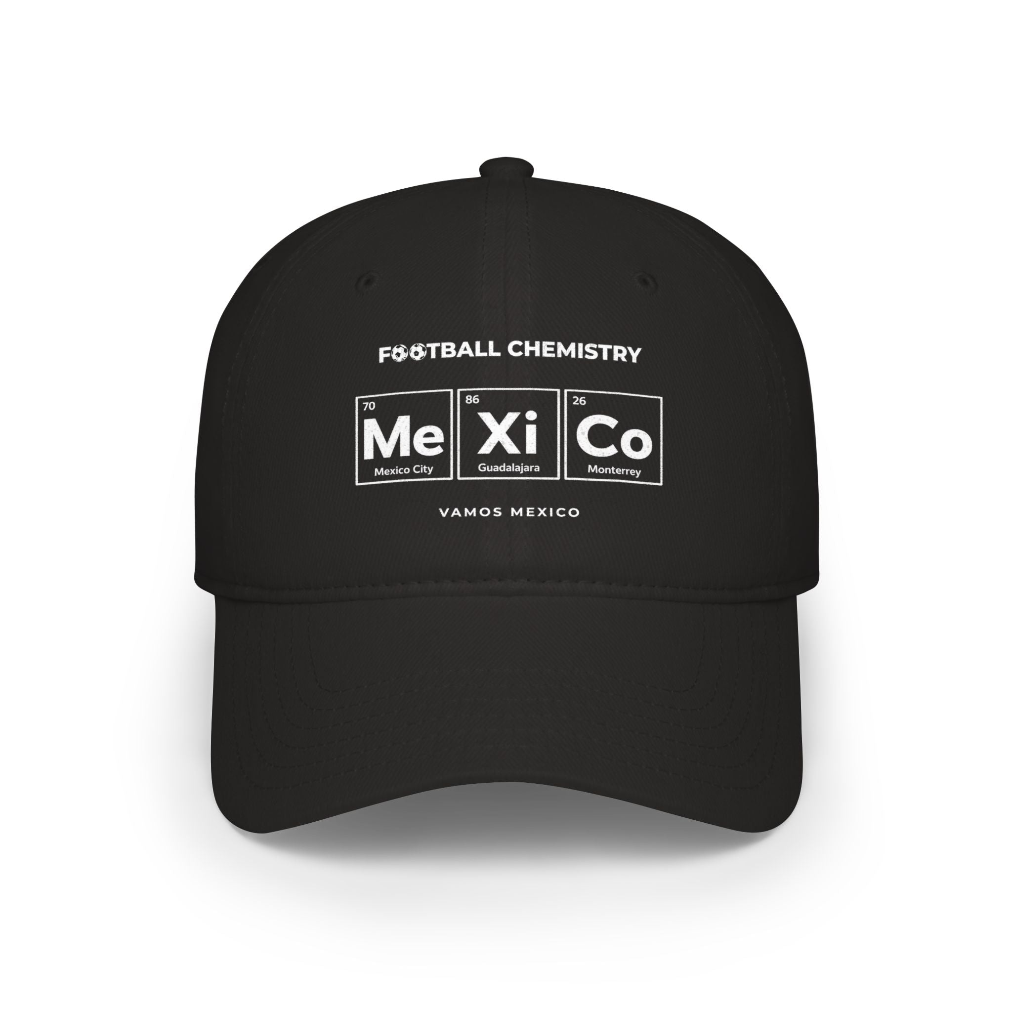 Black baseball cap with "FOOTBALL CHEMISTRY" and periodic table elements for Mexico.