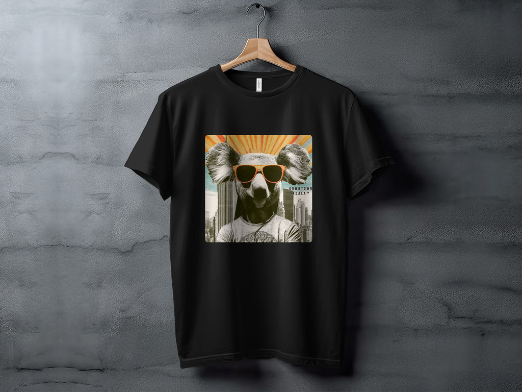 Black t-shirt with a cool koala wearing sunglasses and a sunburst behind it.