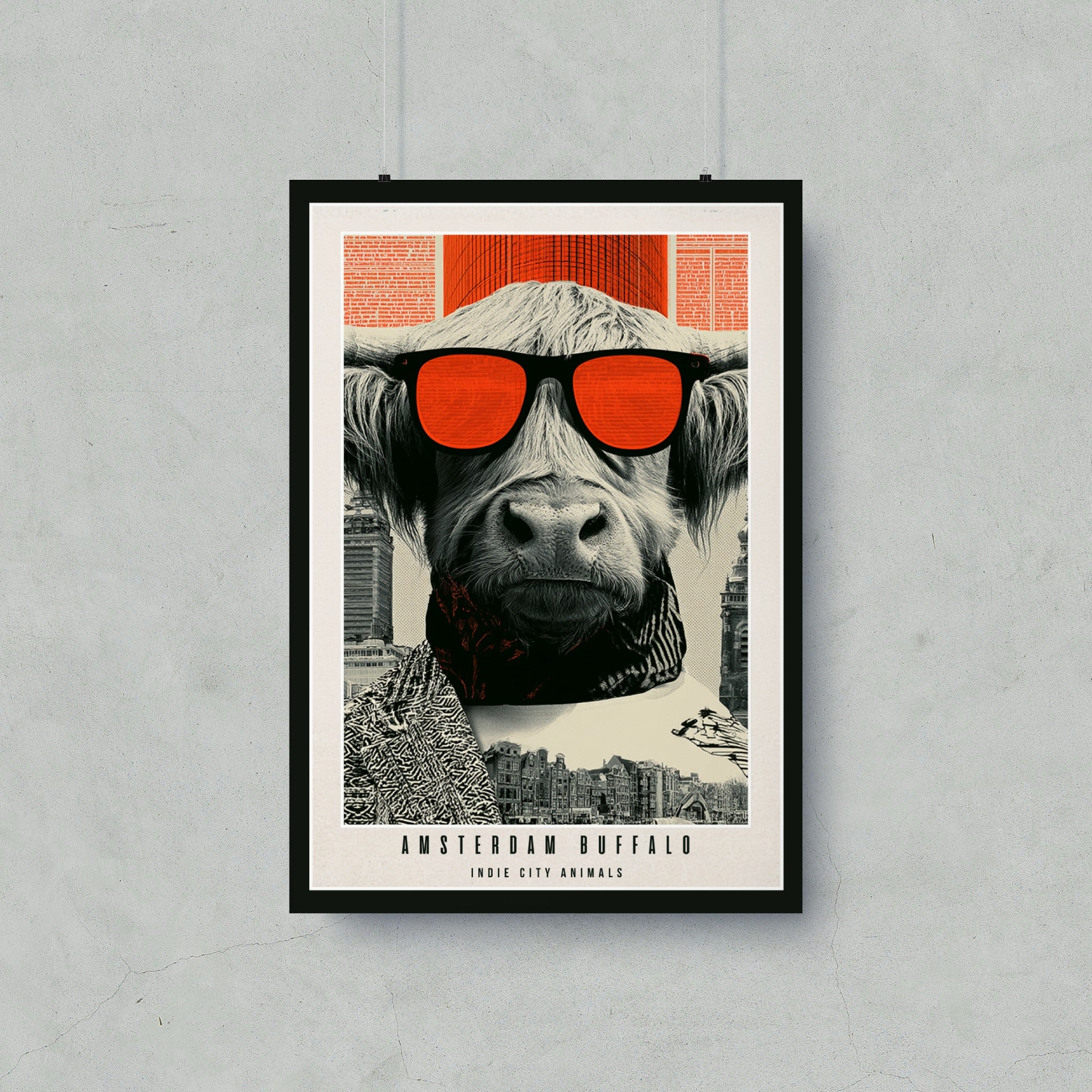 Buffalo wearing sunglasses with "AMSTERDAM BUFFALO" and "INDIE CITY ANIMALS" text.