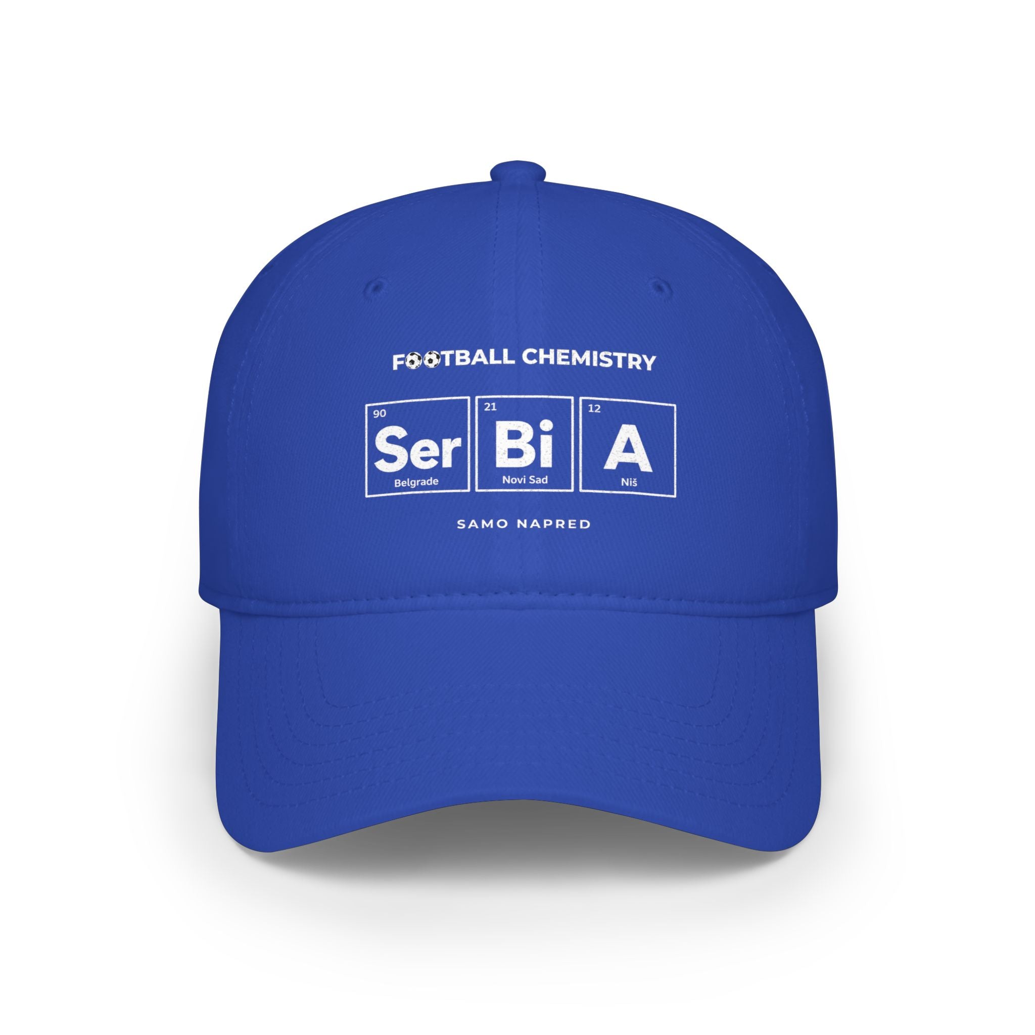 Blue baseball cap with "Football Chemistry" and "Ser Bi A" in periodic table elements.