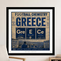 GREECE football chemistry poster with city names and coordinates.