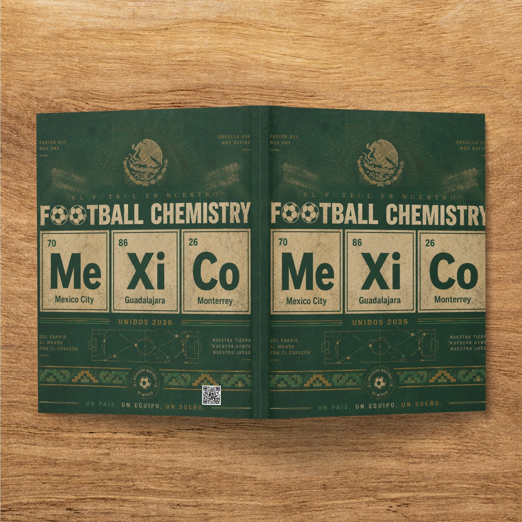 Football Chemistry book with "Mexico City, Guadalajara, Monterrey" text and soccer imagery.