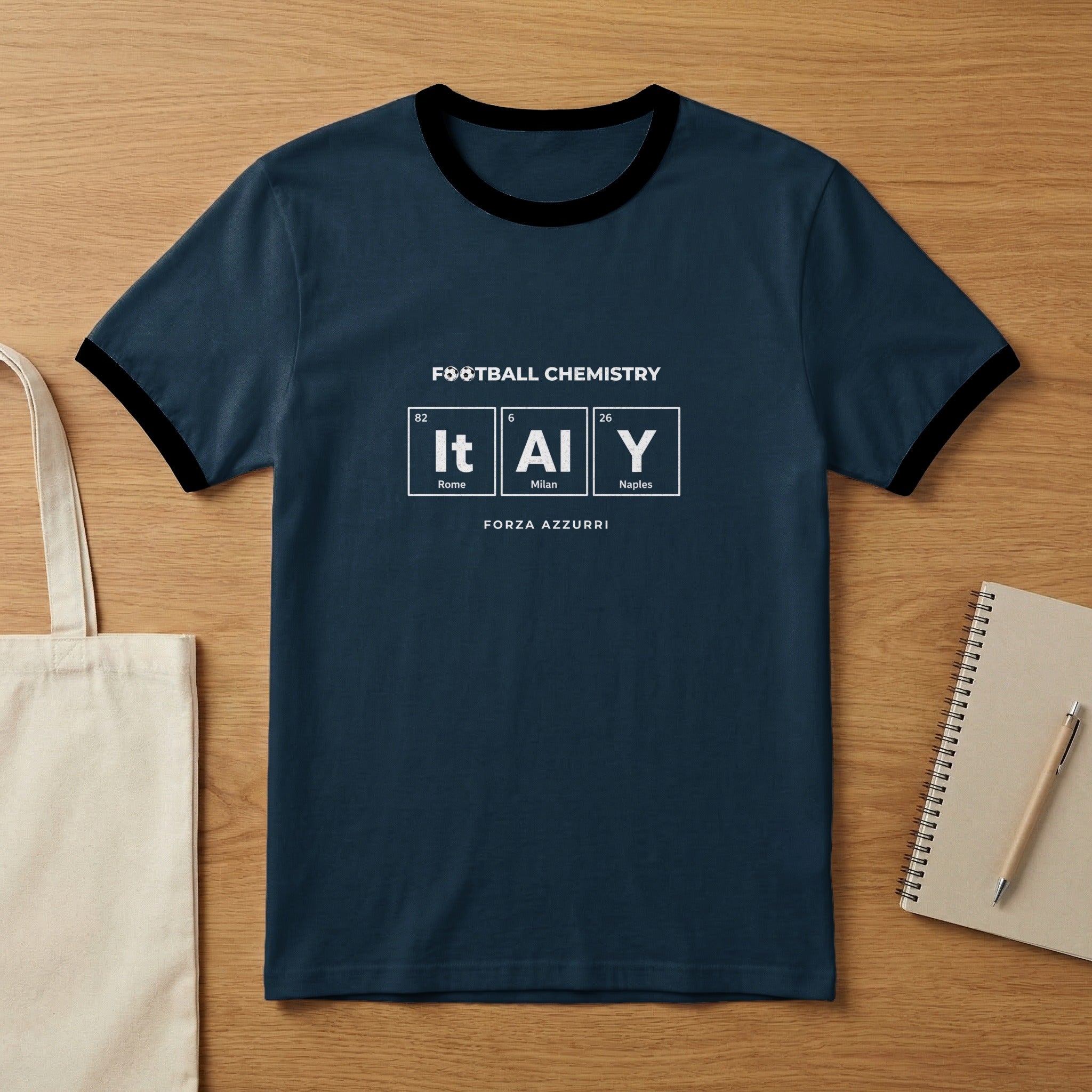 Navy t-shirt with "FOOTBALL CHEMISTRY" and periodic table elements for Italy and Naples.